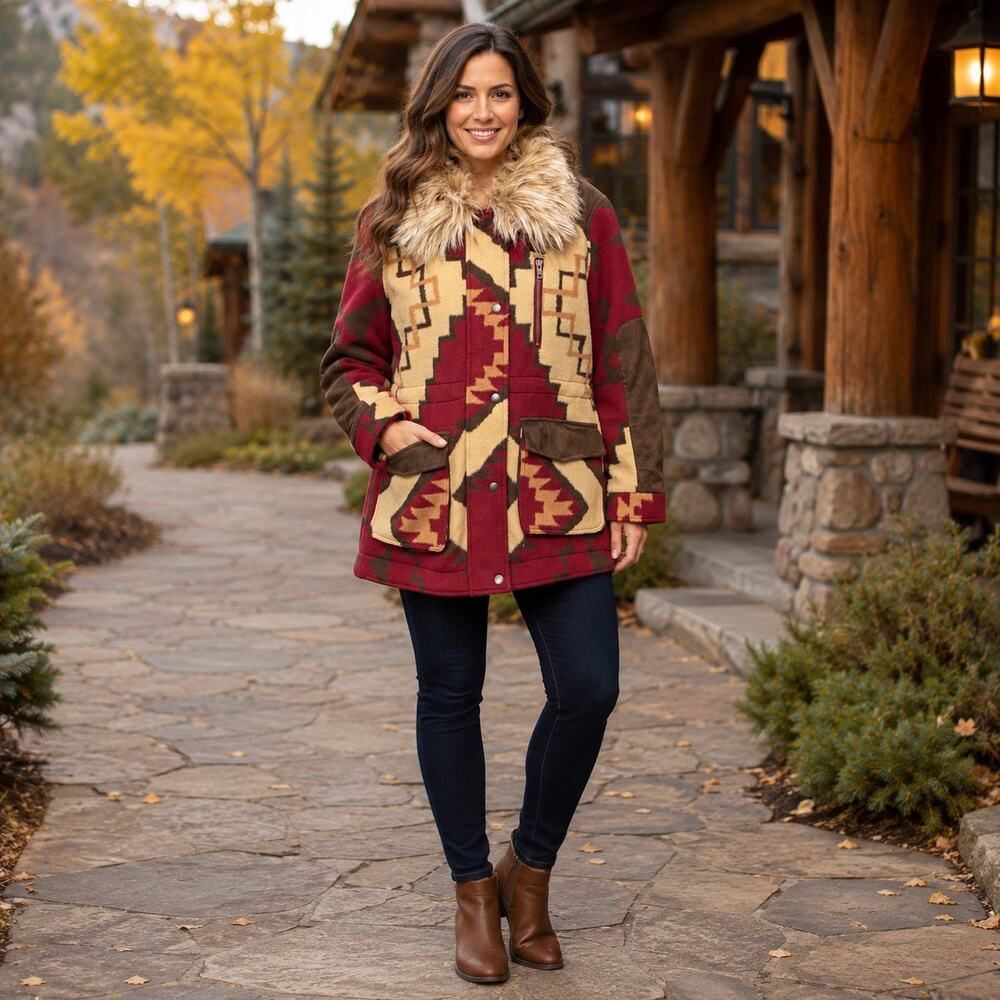 Tasha Polizzi Southwestern Coat Large Removable Faux Fur Collar Western Boho